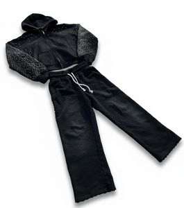 ชุดวอร์มคุณภาพสูงแบบกำหนดเองจากผู้ผลิต กางเกงวอร์มและเสื้อฮู้ดประดับเพชร ชุดวอร์มผ้าฟลีซซิปแบบวินเทจล้างสีสไตล์แอซิดวอช - Product Image 4