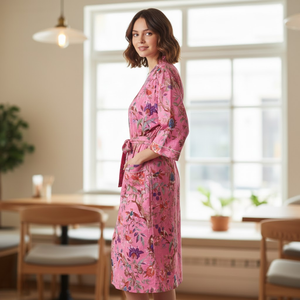 Kimono de Algodón con Estampado Étnico Hecho a Mano |   Bata de dormir de manga larga con cuello en V y bolsillos para mujer |   Bata con Estampado Floral Sostenible - Product Image 6
