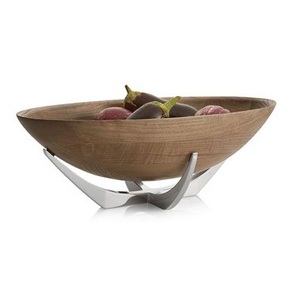 Bol sur piétement en bois foncé de luxe avec base en métal doré, plat à fruits texturé en laiton avec pieds en forme de galet - Product Image 4