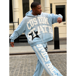 OEM Custom Applique Embroidery Vintage Oversized 400 GSM Zipper-up Heavyweight Men's Hoodie Two-piece Set - Product Image 3