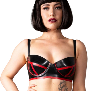 Soutien-gorge en cuir verni noir avec bretelles à bordure blanche et soutien à armatures - Product Image 2