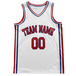 Conjunto de Uniforme de Baloncesto Retro Personalizado en Blanco con Borde Rojo y Azul, Jersey y Pantalones Cortos, Diseño con Nombre y Número del Equipo - Product Image 3