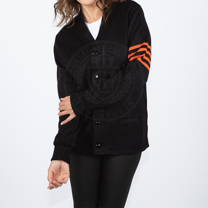 Cárdigan negro para hombre, de punto acrílico, manga larga, color sólido, con botones, suéter para hombre y mujer con rayas naranjas, ropa escolar - Product Image 2