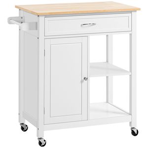 Modern White Rolling Kitchen Island Solid Wood with Adjustable <b>Open</b> Shelf <b>Storage</b> Drawer and MDF Particle Board Panels - Product Image 1