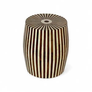 Tabouret rond moderne en bois avec incrustation rayée pour salon, décoration intérieure, mobilier vintage, produit de décoration pour la maison, couleur os - Product Image 6