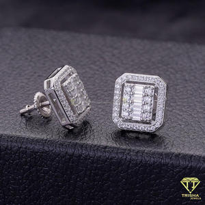 Elegant 925 Sterling Silver VVS Lab Grown <b>Diamond</b> <b>Square</b> <b>Earrings</b> Featuring Baguette Center Stone Design Luxury Jewelry - Product Image 3