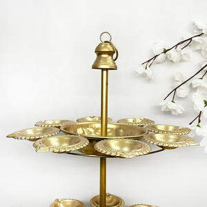 Gold Metal Two Tier Tealight Candle Holder Stand Decorative Multi Candle Holder with Bell <b>Topper</b> Traditional Indian Diya Stand - Product Image 2