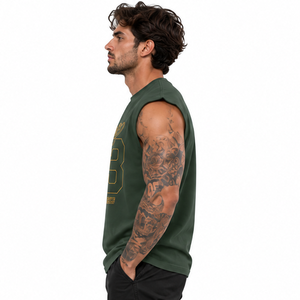 Gym Stringer Tank Top <b>Black</b> Knitted Front Logo Crew Neck Muscle Fit Sleeveless Workout Athletic <b>Vest</b> - Product Image 3