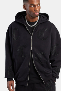 OEM <b>Winter</b> Hooded Streetwear Rhinestone Tracksuit Set Cotton Fleece Zipper Tracksuit Flare Jogger Two-Piece Wholesale - Product Image 4