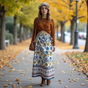 Falda gitana Bohemia étnica de la India al por mayor para mujer azul brillante con borde grande estilo envolvente diseño floral de gran tamaño verano informal - Product Image 1