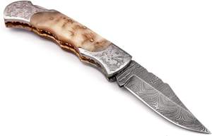 Couteau pliant de poche en acier Damas de nouvelle conception, manche en véritable corne de bélier, outils de survie en plein air, couteau pliant de camping - Product Image 4