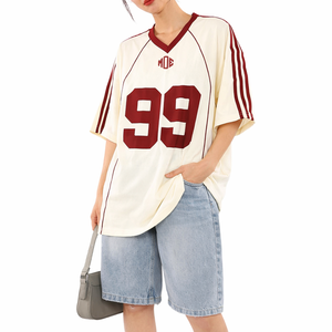 Maillot de football américain surdimensionné pour femme, col en V, rayures contrastées, streetwear, personnalisable, pour équipes, commande en gros OEM, USA - Product Image 6