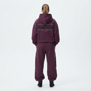 Custom <b>Women</b> Burgundy Rhinestone Hoodie <b>Jogger</b> Set Cotton <b>Fleece</b> Oversized Streetwear Tracksuit Wholesale - Product Image 2