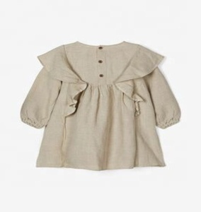 Pretty Alluring Long Sleeved Loose Fit Beige Ruffle Linen Dress Featured With Front Button Crafted With Soft Comfy Cotton Fabric - Product Image 3