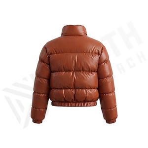 เสื้อแจ็คเก็ตหนัง PU สีน้ำตาลแบบเย็บลาย  ทรงพัฟเฟอร์ แขนยาว คอตั้ง กันลม เสื้อโค้ทสั้นสำหรับฤดูหนาว เสื้อโค้ทขนเป็ดสำหรับผู้หญิง - Product Image 2