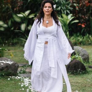 ชุดกิโมโนผ้าลินินสำหรับผู้หญิง สีขาว สไตล์โบโฮ ชุดกิโมโนสำหรับงานแต่งงาน เสื้อคลุมแบบพันตัว มีชายครุย ไซส์พลัส ชุดลำลอง - Product Image 3