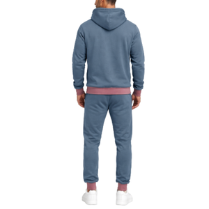 Ensemble de survêtement personnalisé pour homme en bleu acier et rose poudré – Sweat à capuche avec ourlet et poignets côtelés contrastants, pantalon ajusté assorti - Product Image 2