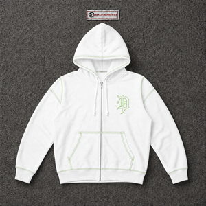 Sudadera con capucha gótica blanca con cremallera, costuras en contraste verdes, estilo urbano oversize, logo bordado, unisex, personalizada, moda punk, casual, en oferta - Product Image 5