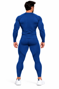 RISK SPORTS Unisex Navy Blue Solid Compression Base Layer Set <b>Long</b> Sleeve Crew Neck Active Stretch <b>Top</b> and <b>Leggings</b> - Product Image 2