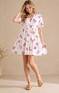Robe Courte Évasée à Col en V Imprimé Floral, Manches Courtes, Coupe Ample, Décontractée, Respirante, 100% Coton Tissé, Ourlet Étages pour l'Été - Product Image 2