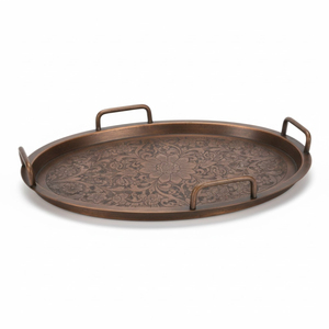 Plateau de service en cuivre gravé à la main de luxe avec poignées, vente en gros, plateau en cuivre vintage pour hôtel, restaurant, restauration - Product Image 2