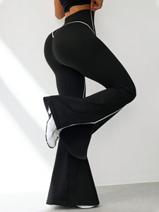 <b>Flare</b> <b>Leggings</b> Black White Contrast Piping Bootcut High Waist Yoga Pants Custom Wholesale Activewear - Product Image 4