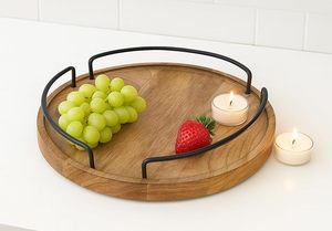 Plateau décoratif rond en bois moderne avec poignées en métal noir, plateau de service pour la décoration de la maison, mariage, Ramadan, Diwali, événements - Product Image 2