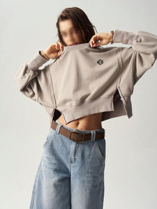 Sudadera Corta OEM para Mujer, Color Taupe, Cuello Redondo, Manga Larga, Panel con Abertura Lateral, Felpa Francesa, Estilo Oversize, Top de Moda Urbana, Marca Privada - Product Image 6