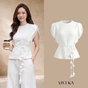 Blusa Elegante de Poliéster y Spandex para Mujer, Cuello Redondo, Manga con Volantes en Capas, Peplum, con Cinturón Hecho a Mano, Diseño Personalizado SOLI, ODM OEM - Product Image 1