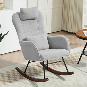 Sedia a dondolo grigio chiaro per cameretta con schienale alto e poggiatesta, sedia da allattamento con cuscino lombare per soggiorno e camera da letto - Product Image 2