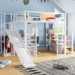 White <b>Full</b> Size Loft <b>Bed</b> with Built-in Desk Open Wardrobe Basketball Hoop Slide & Staircase-Kids' Furniture <b>Set</b> with 3.14 ETA - Product Image 1