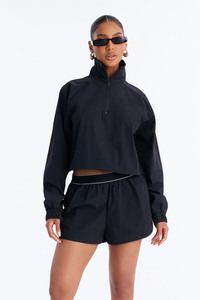 Women Black Cropped Windbreaker Hoodie and <b>Short</b> Set Half <b>Zip</b> Long Sleeve Elasticwaist Casual Sporty Two Piece Outfit Activewear - Product Image 4