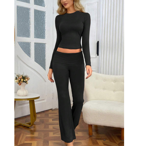 Ensemble pantalon évasé taille haute à manches longues noir pour femme avec design rehausseur de fesses pour un usage quotidien - Product Image 5