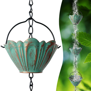 Chaîne de pluie en cuivre pur artisanal, finition bleu verdé, pour gouttière, décoration de jardin, ornement extérieur - Product Image 2