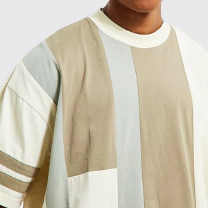 Men's Casual Color Blocked O-Neck Short Sleeve T-<b>Shirt</b> Oversized Knitted <b>Patchwork</b> Design Contrast Trim Regular Fit - Product Image 1