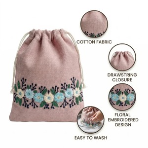 Best Quality Floral Pink Embroidered <b>Drawstring</b> <b>Bag</b> For Women Travel Storage And Daily Use Available At Best Market Price - Product Image 6