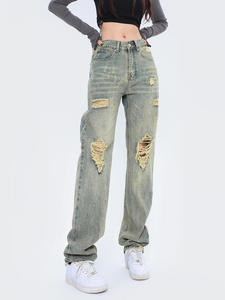 Jeans de Mezclilla Anchos para Hombre, Estilo Desgastado, con Logotipo Bordado, Corte Holgado, Casual, Cintura Media, Tallas Grandes, Material de Algodón - Product Image 3