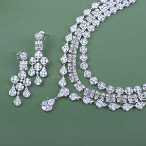 Esha Triple Layered Designer Necklace Set-Gold Plated Zirconia & Pearl Wedding Jewelry Set - Product Image 4