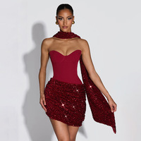 Robe Courte Sexy à Paillettes pour Femme, Robe Moulante Bustier Corset Froncée Asymétrique avec Col Choker et Rubans, Robe de Soirée