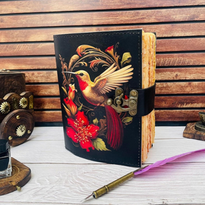 สมุดบันทึกหนังวินเทจลายพิมพ์นกฮัมมิงเบิร์ด สมุดสวดมนต์ทำมือ สมุดวาดภาพ กระดาษขอบหยัก ลายดอกไม้แบบกำหนดเอง - Product Image 5