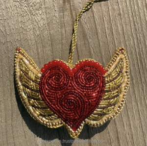 Handmade Embroidered <b>Beaded</b> Alloy Heart Wings Ornament Christmas Tree Hanging Decoration Zari <b>Thread</b> Christian Men's Festive - Product Image 1