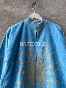 Blue Cotton Linen <b>Women</b> Jacket Mandarin Collar Gold Sunburst Embroidery Bohemian Loose Fit Spring <b>Coat</b> - Product Image 3