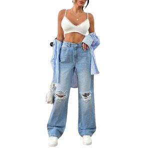 Jeans de mezclilla de corte recto y holgado, con efecto desgastado, azul hielo, 100% algodón, ecológicos, transpirables, ligeros, bonitos, vintage, de tiro alto - Product Image 1