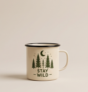 Off White Cream Iron Enamel Mug Designed for Forest Explorers and Adventure Brand Retailers Featuring Dark Green Pine Trees - Product Image 2