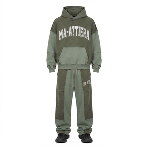 Custom Men Olive Green Distressed Hoodie <b>Jogger</b> Set Cotton Fleece <b>Oversized</b> Streetwear Tracksuit OEM Wholesale - Product Image 4