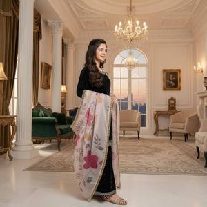 ชุดสาหรี่กะมีซผ้าไหมสีดำปักลายดอกไม้สำหรับเด็กผู้หญิงจาก NiMa Creations พร้อมผ้าคลุมไหล่แบบดั้งเดิม ความยาวระดับเข่า ทรงปกติ แห้งเร็ว เหมาะสำหรับทุกโอกาส - Product Image 3