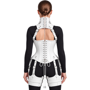 Ensemble de harnais corset gothique en cuir blanc personnalisé pour femme, avec serre-taille sous-poitrine, collier de cou et jarretières de cuisse, style punk, vente en gros - Product Image 2
