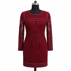 Luxury Women Burgundy Beaded Cocktail Dress | Elegant Round Neck Embroidered Mini Dress | Premium Designer Party Wear Wedding - Product Image 1