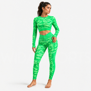 Women Seamless Breathable Activewear Yoga Set Long Sleeve <b>Crop</b> <b>Top</b> High Waist Leggings Four-Way Stretch Front Gym Fitness - Product Image 1