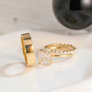Lab Grown 1.02CT Asscher Cut Diamond With Wide Band <b>Ring</b> <b>Set</b> Full Eternity 18K Yellow <b>Gold</b> Fine Engagement Proposal for Lovers - Product Image 6